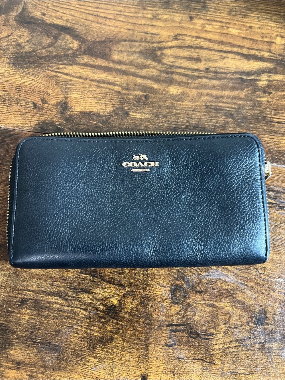 Coach Black Leather Zip-Around Wallet with Gold Logo